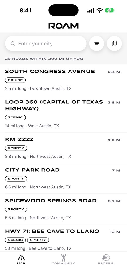 ROAM's list of roads near Austin, Texas, nearest first