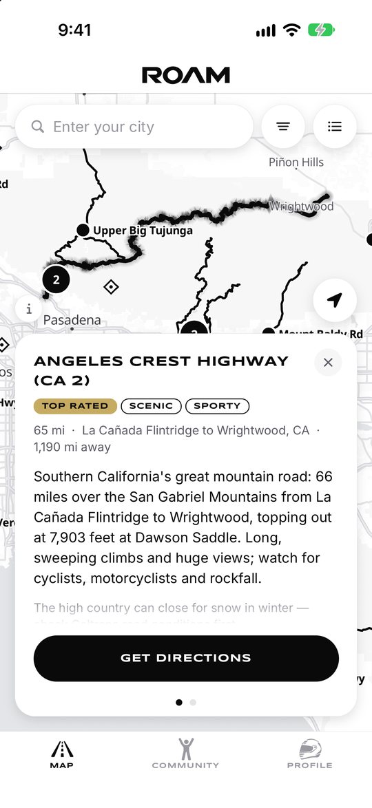 The card for the Angeles Crest Highway, with its tags, description and directions
